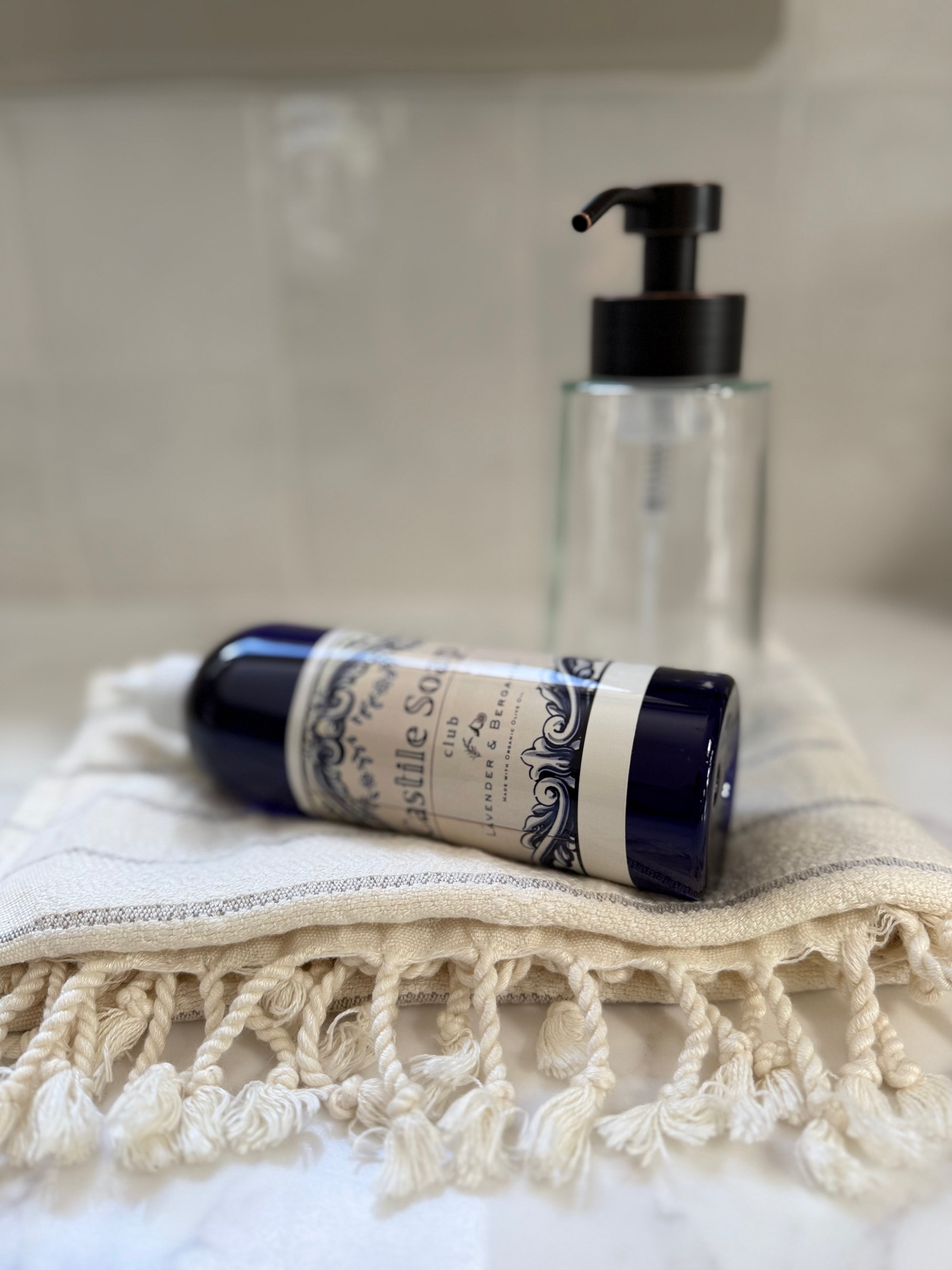 Castile Soap Gift Set – Organic Liquid Soap| Glass Foaming Dispenser | Turkish Cotton Towel