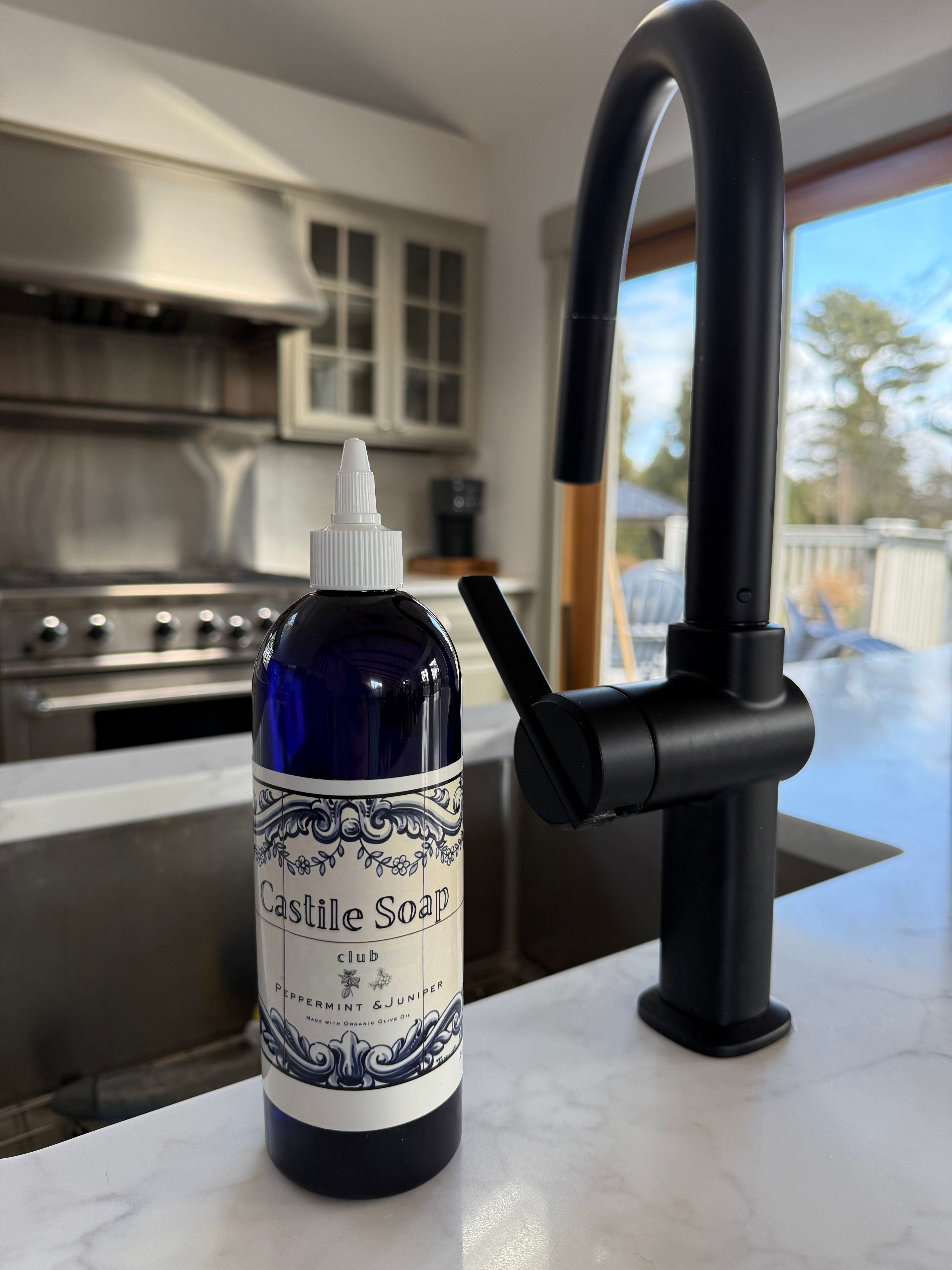 Castile soap bottle at  sink for everyday hand washing and dishwashing